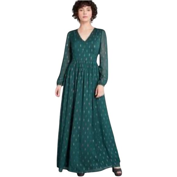 Modcloth Enchanted Evening V-Neck Maxi Dress Long Sleeve Retro Large - Picture 2 of 4